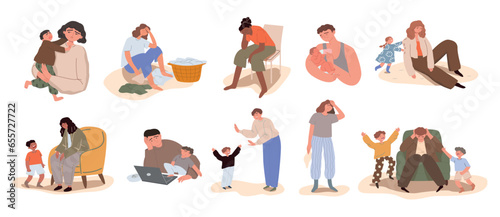 Set different tired parents. A woman and men parental responsibilities. Household chores, parenting. The concept of the difficulties of motherhood. Vector cartoon flat illustration.