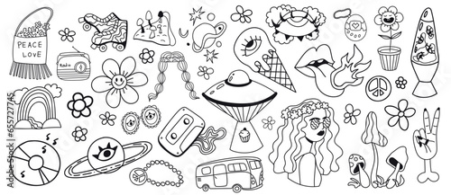 Collection retro hippie 70s hand drawn. Nice nostalgic vintage. Doodle style. Line art design element. Vector black and white illustration isolated on white background. Comic clipart.