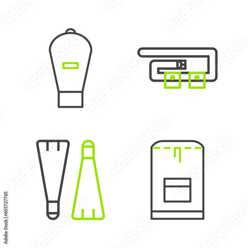 Set line Backpack, Rubber flippers for swimming, Diving belt and Lift bag icon. Vector