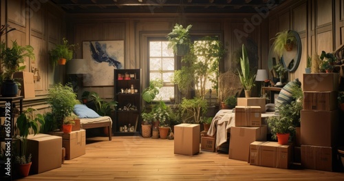 Cardboard boxes and house plants in the room © cherezoff