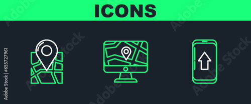Set line Infographic of city map navigation, Folded with location marker and Medical pointer cross hospital icon. Vector