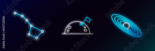 Set line Planet, Great Bear constellation and with flag icon. Glowing neon. Vector