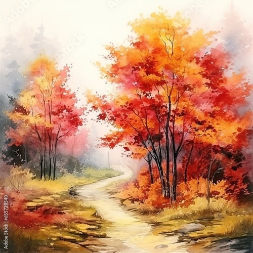 Watercolor autumn landscape  watercolor painting  leaf fall