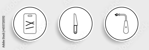 Set line Long electric lighter, Cutting board and Knife icon. Vector