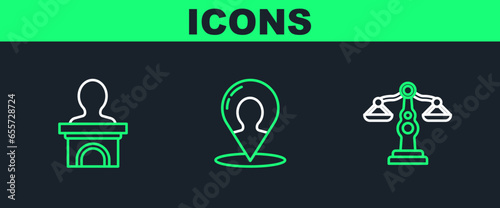 Set line Scales of justice, Stage stand or debate podium rostrum and Map marker with silhouette person icon. Vector