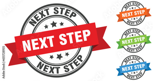 next step stamp. round band sign set. label