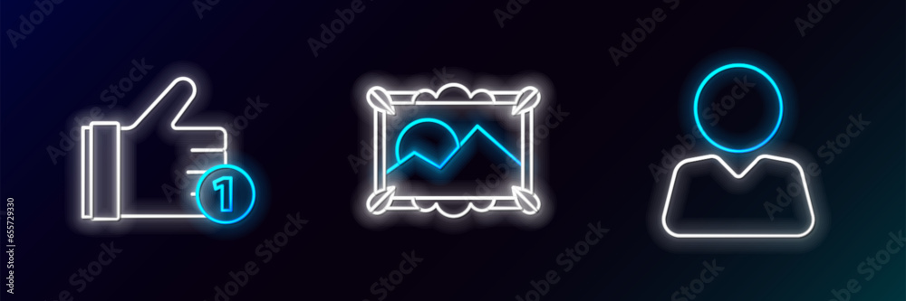 Set line Add to friend, Hand like and Picture landscape icon. Glowing neon. Vector Set line Add to friend, Hand like and Picture landscape icon. Glowing neon. Vector