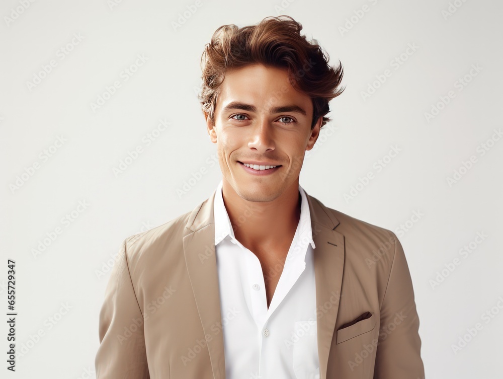 Modern Allure of Stylish Charming Lad Capturing Contemporary Fashion on White Background Modern Allure of Stylish Charming Lad Capturing Contemporary Fashion on White Background