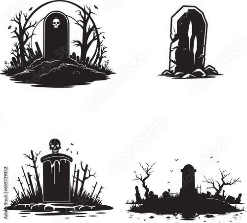 Black cartoon silhouettes Vector set Halloween stickers gravestones collection with evil tree and bats isolated on white background 