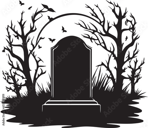 Black cartoon silhouettes Vector set Halloween stickers gravestones collection with evil tree and bats isolated on white background 