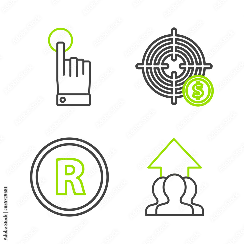 Set line Growth chart and progress in people crowd, Registered Trademark, Target with dollar symbol and Hand touch tap gesture icon. Vector Set line Growth chart and progress in people crowd, Registered Trademark, Target with dollar symbol and Hand touch tap gesture icon. Vector