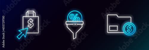 Set line Envelope with coin dollar, Shoping bag and and Lead management icon. Glowing neon. Vector