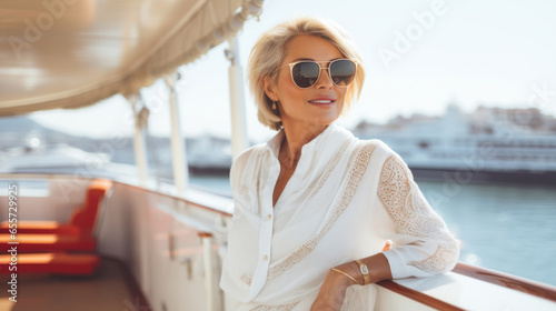 Fototapeta Naklejka Na Ścianę i Meble -  Attractive mature elegant woman tourist on big cruise liner