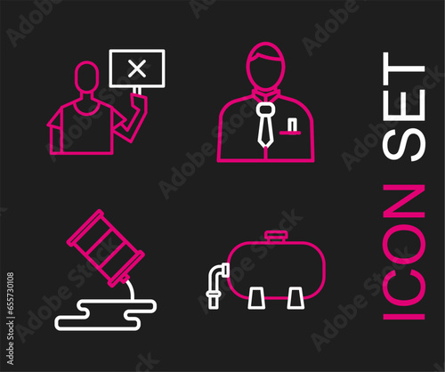 Set line Oil industrial factory building, Barrel oil leak, Businessman stock market trader and Nature saving protest icon. Vector