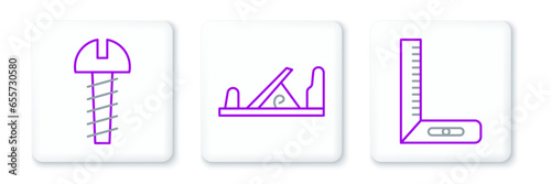 Set line Corner ruler, Metallic screw and Wood plane tool icon. Vector