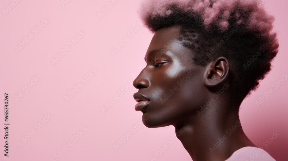 Close up fashion portrait of a male afro or african model with pink hair at studio background.