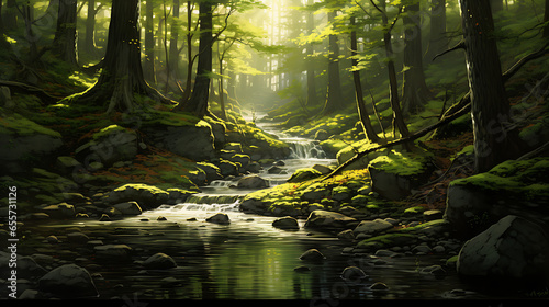 A serene woodland scene with sunlight streaming through tall trees  casting dappled shadows on the forest floor. A small stream trickles gently between moss-covered rocks