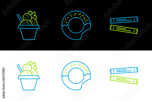 Set line Sugar stick packets, Ice cream in bowl and Donut icon. Vector