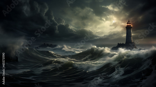 A dramatic, stormy seascape with crashing waves and a lone lighthouse standing tall against the turbulent weather, guiding ships to safety.