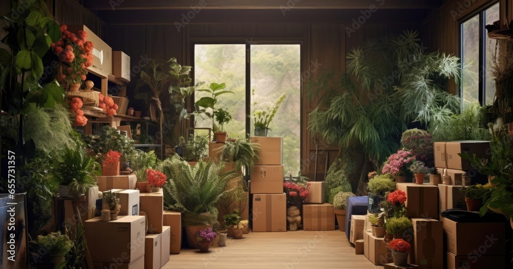 Cardboard boxes and house plants in the room