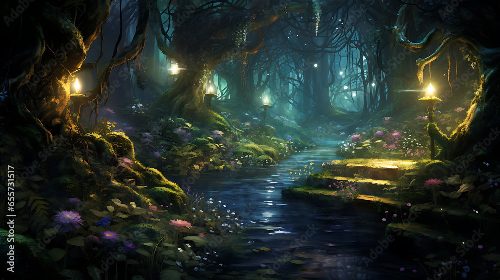 An enchanted secret garden hidden amidst an ancient forest. Fireflies softly glow among the trees, creating a magical and mysterious atmosphere
