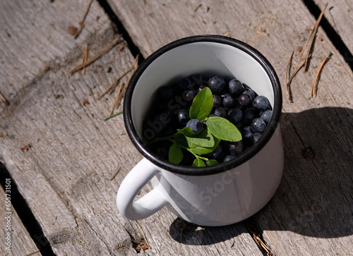 mug with ripe fresh blueberries