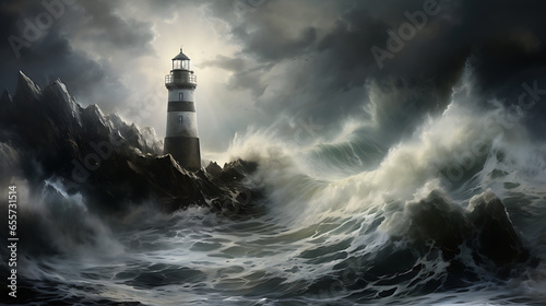 A dramatic, stormy seascape with crashing waves and a lone lighthouse standing tall against the turbulent weather, guiding ships to safety. © Alin