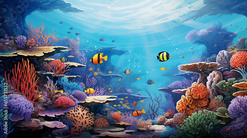 An underwater world teeming with marine life. Coral reefs in various colors and shapes stretch as far as the eye can see, and schools of tropical fish swim gracefully among them