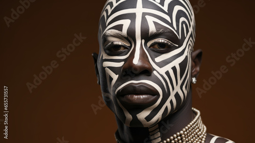 Close up fashion portrait of a male afro or african model with white pigmentation. Paint on face