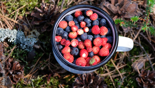 mug with fresh ripe blueberries and wild strawberries