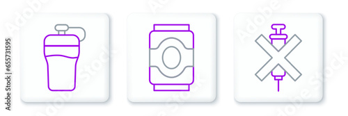 Set line No doping syringe, Fitness shaker and Soda can icon. Vector