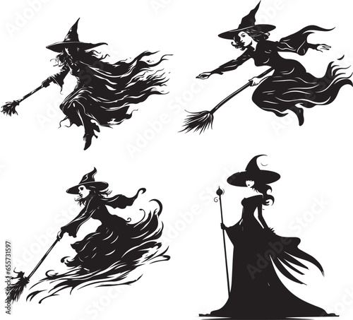 Silhouette witch in hat  Halloween vector icon illustration Halloween witch isolated on white background  