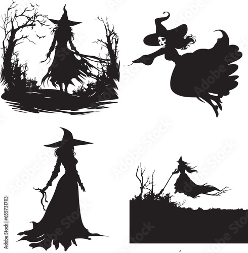 Silhouette witch in hat  Halloween vector icon illustration Halloween witch isolated on white background  