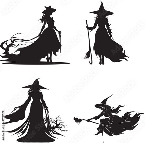 Silhouette witch in hat  Halloween vector icon illustration Halloween witch isolated on white background  