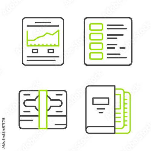 Set line Office folders, Stacks paper money cash, Business finance report and Website with growth graph icon. Vector © Oksana