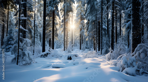 Mesmerizing Panoramic Winter Wonderland with Snow-Covered Fir Branches and Peaceful Snowfall
