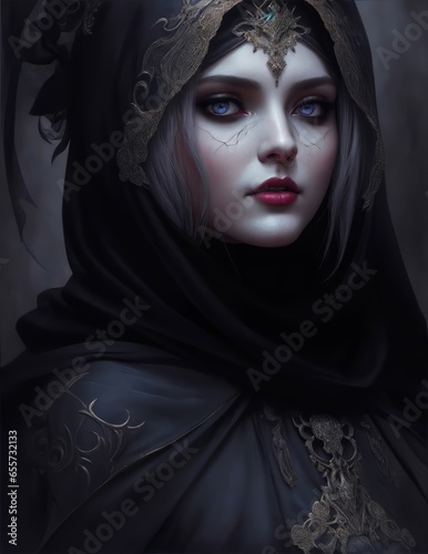 Morana is the Slavic goddess of night, winter and death and most often appears in the form of a beautiful girl with long black hair, a pale face, with wolf's fangs and claws photo