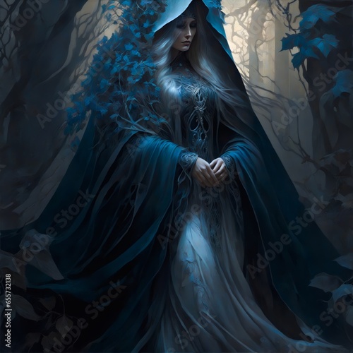 Morana is the Slavic goddess of night, winter and death and most often appears in the form of a beautiful girl with long black hair, a pale face, with wolf's fangs and claws photo