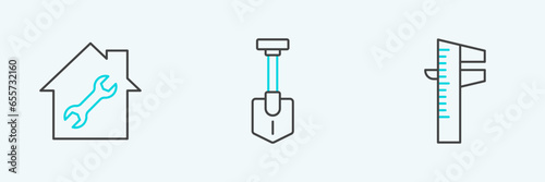 Set line Calliper or caliper and scale, House repair and Shovel icon. Vector