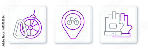 Set line Gloves, Bicycle parking and Location with bicycle icon. Vector