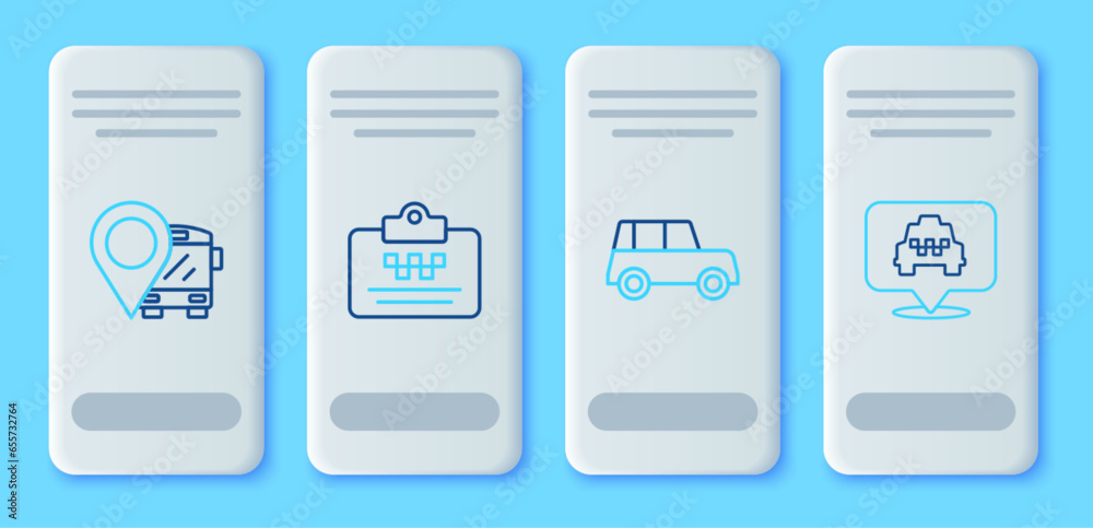Set line Taxi driver license, Car, Location with bus and taxi icon. Vector