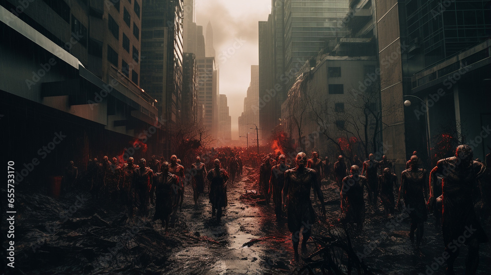 Obraz premium Defenders of the City: Standing Strong Against the Undead, generative ai