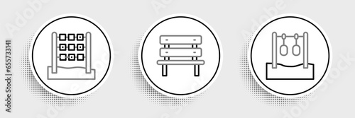 Set line Gymnastic rings, Tic tac toe game and Bench icon. Vector