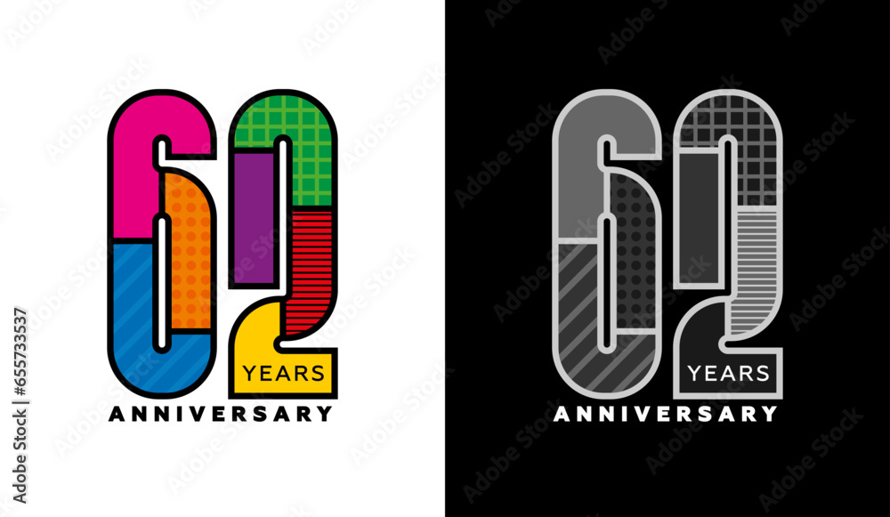 Set of 62nd anniversary logos, sixty-second birthday, colorful logo for celebration event, invitation, congratulations, web template, flyer and booklet, retro symbol Set of 62nd anniversary logos, sixty-second birthday, colorful logo for celebration event, invitation, congratulations, web template, flyer and booklet, retro symbol