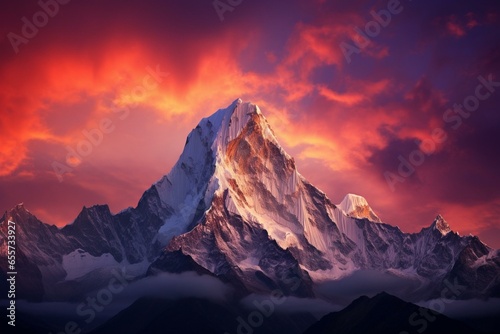 beautiful evening sky behind majestic peaks. Generative AI © Virelai