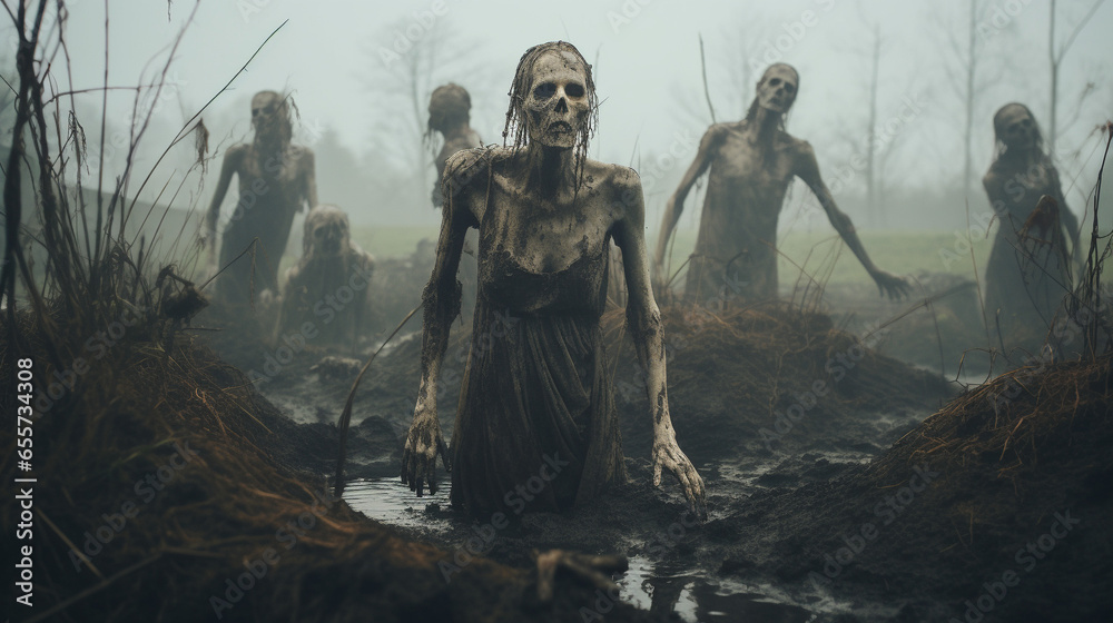 Fototapeta premium The Resurrected Night: Zombies Emerge from Forgotten Graves, Generative AI
