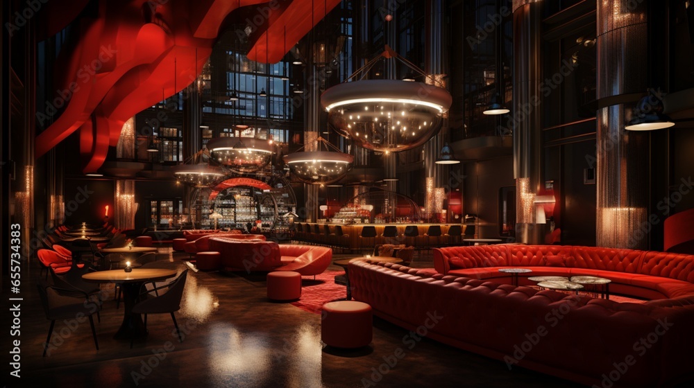 Luxurious Nightlife Space with a Striking Red Interior, Combining Restaurant and Lounge Bar
