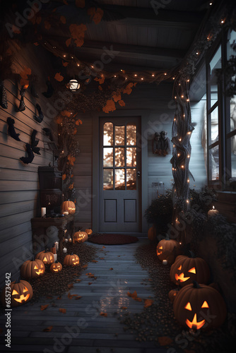 Porch of the house decorated with pumpkins for Halloween