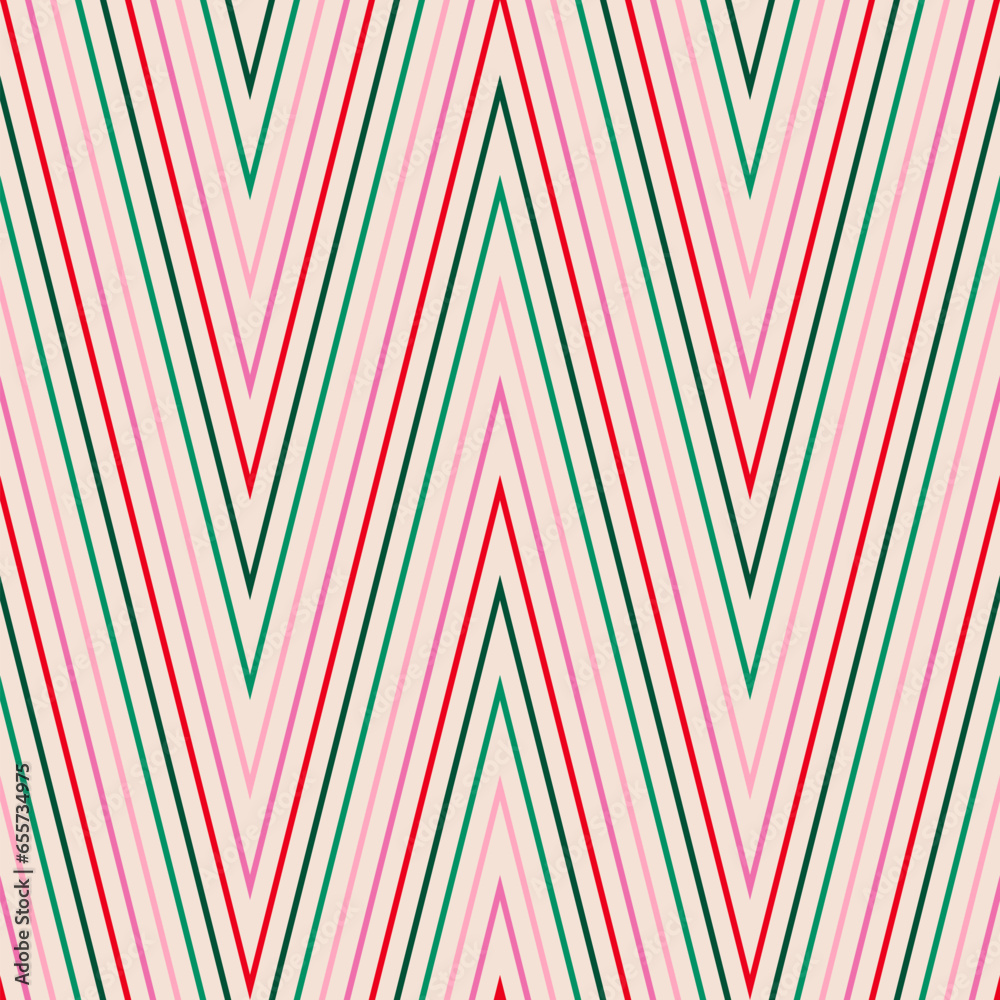 Chevron pattern. Retro vintage style zigzag stripes seamless background. Vector colorful ornament with diagonal lines, zig zag. Simple abstract geometric design in green, pink, red, beige colors