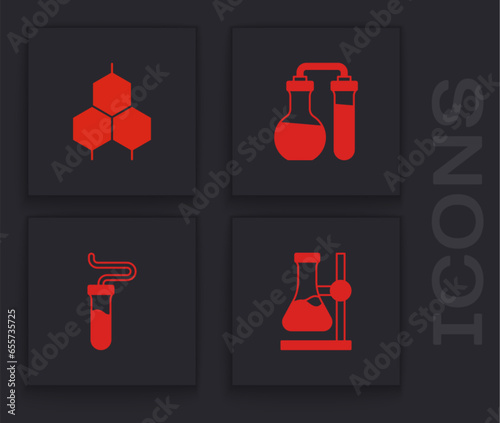 Set Test tube flask on stand, Chemical formula, and icon. Vector